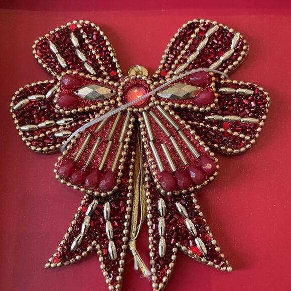 Sugarplum Dreams Beaded Bow Ornaments Set of 4 Holiday Red & Gold Glam New - Picture 4 of 13